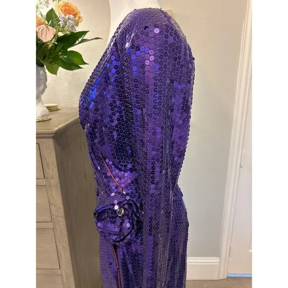 Tadashi | Vintage Purple Sequined Dress with Rhinestone Adorn Flower | 6 - Picture 10 of 15